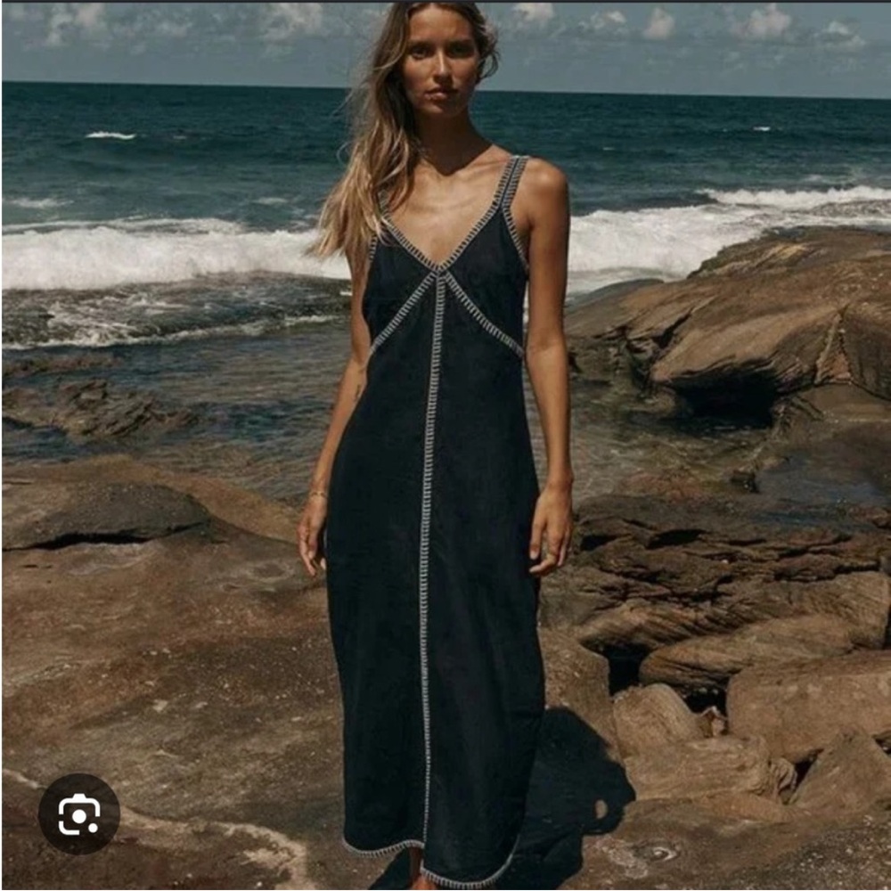 NWT Dissh Bella Black Linen Slip Midi Dress Lined Women's Size US 6